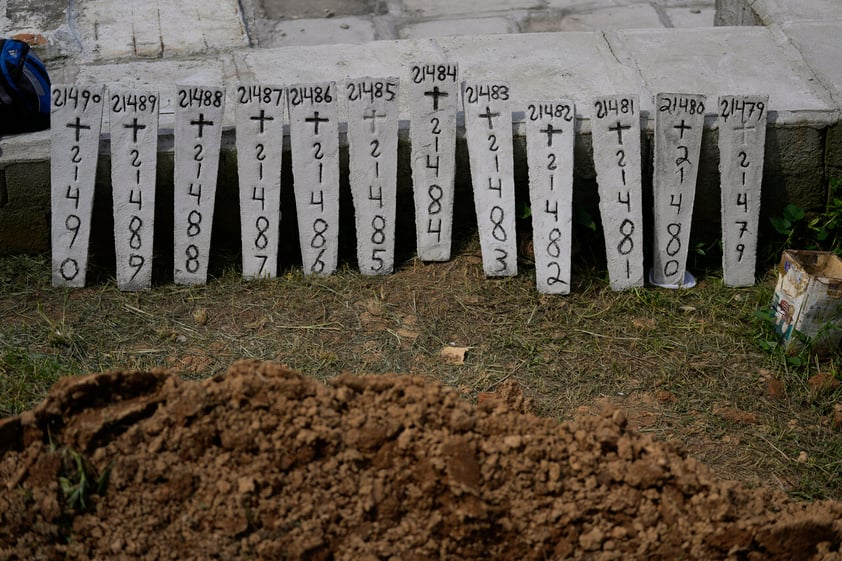 Identification numbers are lined up at the Municipal Cemetery for the burials of mudslide victims in Petropolis, Brazil, Thursday, Feb. 17, 2022. Deadly floods and mudslides swept away homes and cars, but even as families prepared to bury their dead, it was unclear how many bodies remained trapped in the mud. (AP Photo/Silvia Izquierdo)