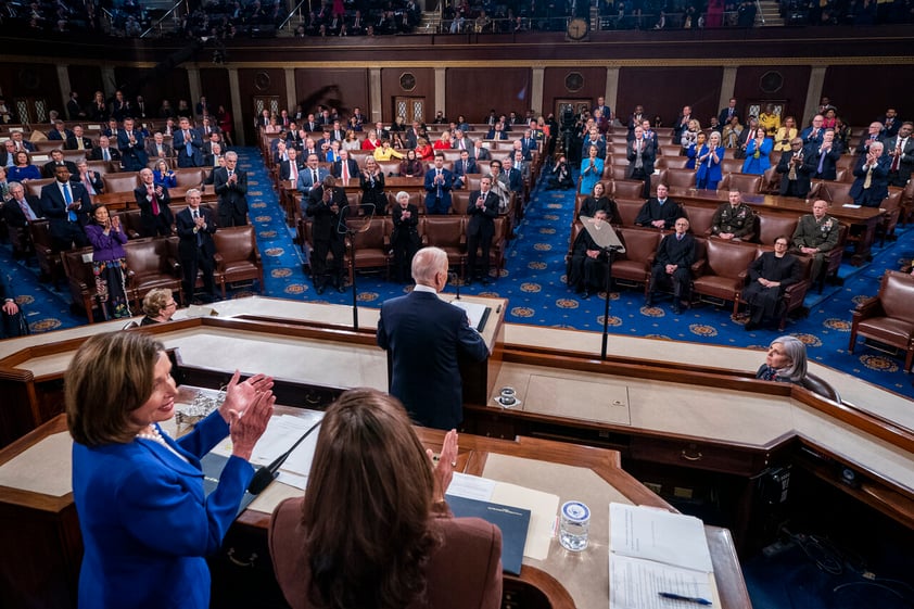 President Joe Biden delivers his first State of the Union address to a joint session of Congress at the Capitol, Tuesday, March 1, 2022, in Washington as Vice President Kamala Harris and House speaker Nancy Pelosi of Calif., look on. (Shawn Thew/Pool via AP)