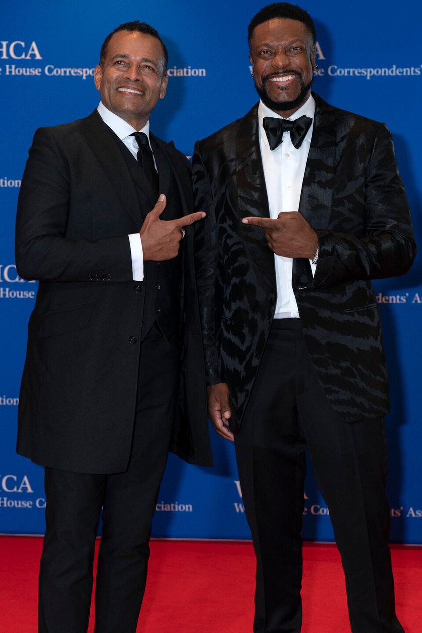 Mario Van Peebles, left, and Chris Tucker pose for photographers as they arrive to the annual White House Correspondents' Association Dinner in Washington, Saturday, April 30, 2022. (AP Photo/Jose Luis Magana)