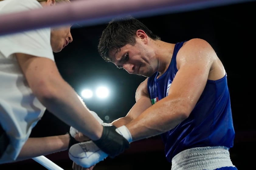 Mexico's Marco Verde reacts after losing to Uzbekistan's Asadkhuja Muydinkhujaev in their men's 71 kg final boxing match at the 2024 Summer Olympics, Friday, Aug. 9, 2024, in Paris, France.(AP Photo/Ariana Cubillos)