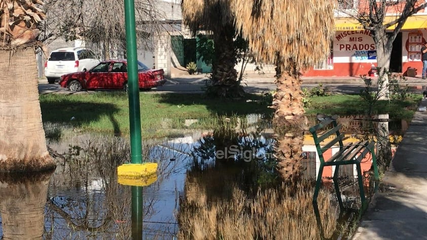 Inundación en plaza de la colonia Prados