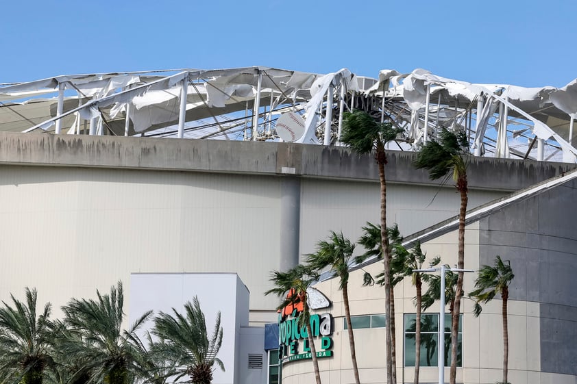 The roof of Tropicana Field was torn off during Hurricane Milton on Thursday, Oct. 10, 2024, in St. Petersburg, Fla. (AP Photo/Mike Carlson)