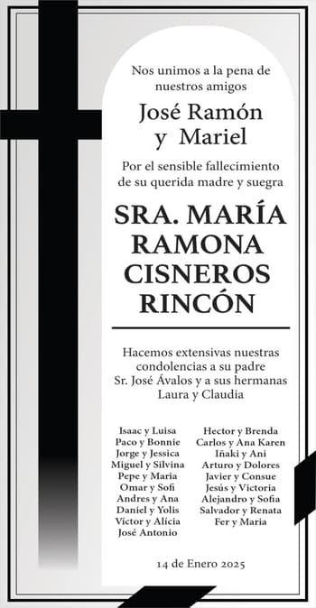 CONDOLENCIAAJOSERAMONYMARIELPORFALLECIMIENTODELASRAMARIARAMONACISNEROSRINCN