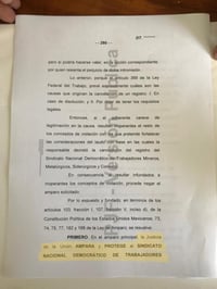En el expediente se lee que en los acuerdos del Décimo Séptimo Tribunal Colegiado de Circuito dice textual “la justicia de la unión ampara y protege al Sindicato Nacional Democrático” y “niega la protección constitucional solicitada por el Sindicato Nacional de Trabajadores Mineros” del gremio de Napoleón Gómez Urrutia. (EL SIGLO COAHUILA)