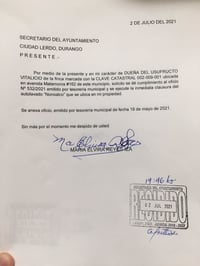 El secretario del Ayuntamiento en Lerdo confirma recepción de documento de ciudadana