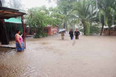 Habitantes de la provincia de Puntarenas resultaron afectados ayer, por las inundaciones debido a las fuertes lluvias que azotan esa zona a causa de la tormenta tropical Alma. (EFE)