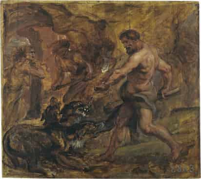 Lo que se muestra en la pintura es “Uno de los trabajos que el rey Euristeo encomendó a Hércules (que) fue el sometimiento del temible perro de tres cabezas guardián del Averno, o mundo de las profundidades”. MUSEO DEL PRADO