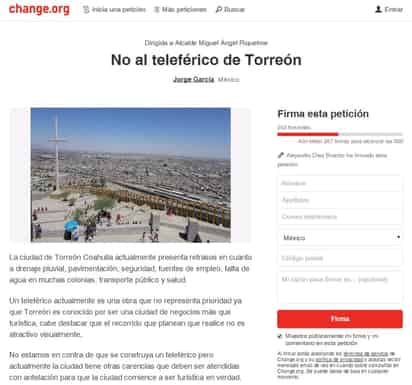 En la plataforma de Change.org se lanzó la petición en contra de la construcción del teleférico de Torreón. (ESPECIAL)