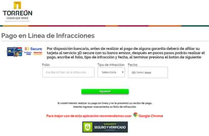 Facilidades.- Con los pagos en línea de las multas viales, los contribuyentes se ahorran tiempo. Si pagan dentro de los 7 días naturales siguientes, obtienen 50 por ciento de descuento. (PAGOENLINEA.TORREON.GOB.MX)