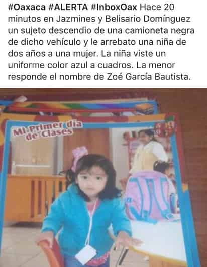 Según informó Mónica Bautista, madre de la menor Azul Zoe, de dos años de edad, individuos a bordo de una camioneta color negra se la arrebataron cuando transitaba por esa zona. (TWITTER) 