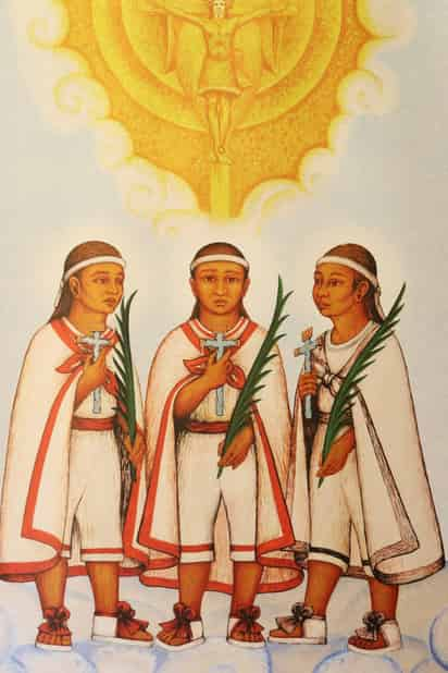 Niños indígenas. Un estandarte con la imagen oficial de los nuevos santos mexicanos, Cristóbal, Antonio y Juan, los niños mártires de Tlaxcala, ya domina la Plaza de San Pedro desde la fachada de la basílica vaticana.