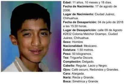 El municipio de Ciudad Juárez, Chihuahua, mantiene la alerta para localizar a Juan Manuel Ruiz García, conocido como 'Tomatito', de 11 años de edad, quien desapareció el miércoles 4 de julio, en la colonia Melchor Ocampo. (TWITTER)