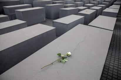 Una rosa blanca depositada sobre uno de los bloques de cemento que conforman el Monumento Conmemorativo del Holocausto. (EFE)