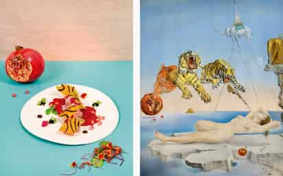 Platillo de Roberto Martínez Foronda basado en la obra Sueño causado por el vuelo de una abeja alrededor de una granada un instante antes de despertar (Salvador Dalí). Foto: Museo Nacional Thyssen-Bornemisza.