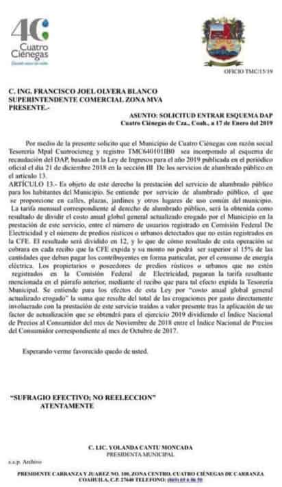 La misiva en cuestión, sin firma ni sello de la Presidencia Municipal o del despacho del alcalde, sería enviado a la Comisión Federal de Electricidad. (EL SIGLO COAHUILA)