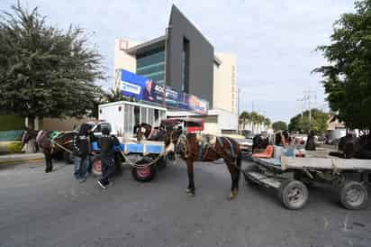 Los operadores de vehículos de tracción animal llegaron cerca de las 10 de la mañana a la Plaza Mayor y luego se instalaron en la calle Galeana, entre las avenidas Allende y Morelos. Exigen que cesen las intenciones de transformarlos en un gremio motorizado. (FERNANDO COMPEÁN)