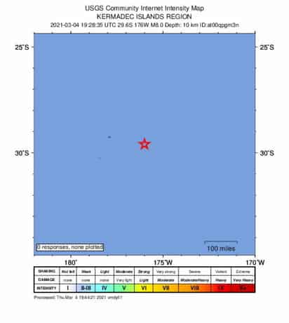 El Servicio Geológico de Estados Unidos (USGS, en inglés) detectó un sismo de magnitud 8 en la escala Richter al norte de Nueva Zelanda, lo que motivó que el Centro de Alertas de Tsunamis del Pacífico emitiera un aviso por maremoto que afecta a las islas de Hawái. (EFE)