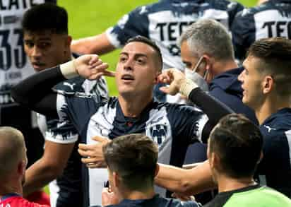 Rogelio Funes Mori de Rayados de Monterrey festeja una anotación en partido pasado. (ARCHIVO)