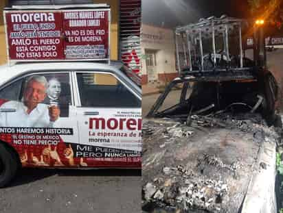 En un acto de intolerancia política y fue quemado de manera intencional el carrito Datsun modelo 1975 tapizado de AMLO que se viralizó a nivel nacional y que circulaba por toda La Laguna, mismo que es propiedad de la doctora Lilia 'M', una mujer que ya es abuela y que usaba su Datsun como único medio de transporte. (DIANA GONZÁLEZ)