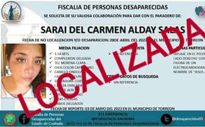 Este sábado la Fiscalía de Personas Desaparecidas desactivó la alerta de búsqueda tras su localización. (EL SIGLO DE TORREÓN)