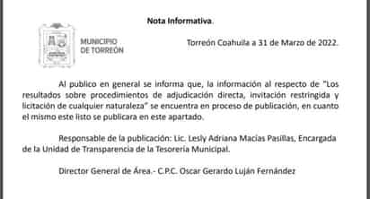 Portal de Transparencia del Municipio de Torreón aparece con información oficial incompleta y pese al avance de la administración.