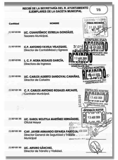 Desde el inicio de la administración se solicitaban 100 gacetas impresas por mes (no 3 mil). También había acuses de recibido de quienes se quedaban con ellas y otro tanto iba dirigido a dependencias. (EL SIGLO DE TORREÓN)