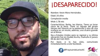 Se solicita el apoyo para la localización de Kevin Mora Hernández, quien cuenta con 26 años.