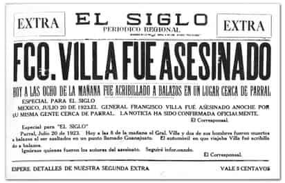 Imagen de la primera extra matutina publicada por EL SIGLO , el 20 de julio de 1923, informando a los laguneros el asesinato del general Francisco Villa. (ARCHIVO)