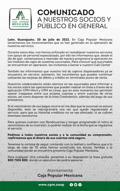 COMUNICADO A NUESTROS SOCIOS Y PÚBLICO EN GENERAL: CAJA POPULAR MEXICANA