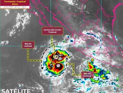 La tormenta tropical Dora presenta vientos máximos sostenidos de 95 kilómetros por hora, con rachas de 100 km/h.