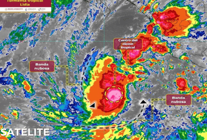 Lidia se desplazará al suroeste de Colima y Jalisco, reforzando el potencial de lluvias sobre el occidente del territorio nacional.