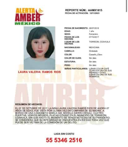 Después de seis años de espera, se emitió la Alerta Amber para localizar a Laura Valeria. (CORTESÍA)