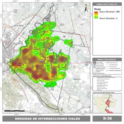 Densidad de Intersecciones Viales. Fuente: Plan Director de Desarrollo Urbano de Torreón, Implan, 2020. (CORTESÍA)