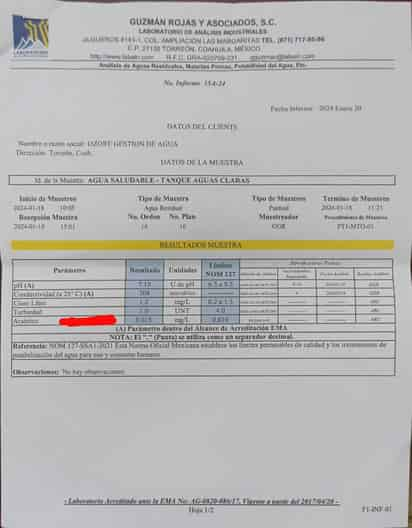 La primera dotación de 220 litros de agua por segundo de ASL tiene niveles de Arsénico de 0.015 mg/l.