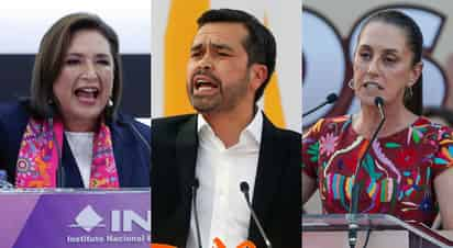 Los tres candidatos a la Presidencia de México, Claudia Sheinbaum, de la coalición oficialista ‘Juntos Seguiremos Haciendo Historia’; Xóchitl Gálvez, de la coalición opositora, ‘Fuerza y Corazón Por México’; y de Jorge Álvarez Máynez, del partido Movimiento Ciudadano (MC). (ARCHIVO)