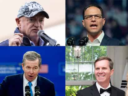 Combo de fotografías de arriba Mark Kelly (izq.), senador por Arizona y Josh Shapiro, gobernador de Pensilvania y abajo Roy Cooper (izq.), gobernador de Carolina del Norte y Andy Beshear, gobernador de Kentucky. (ARCHIVO)