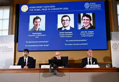 El Nobel de Química ha premiado este miércoles a los estadounidenses David Baker y John M. Jumper y al británico Demis Hassabis. (AGENCIA)