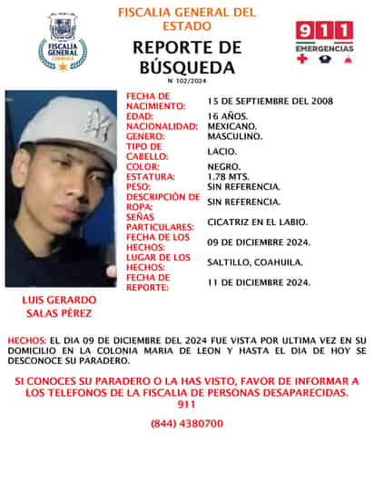 Desaparece Luis Gerardo Salas Pérez, un adolescente en Saltillo