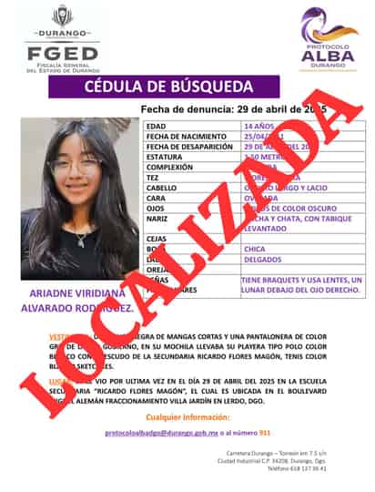 Localizan a menor reportada como desaparecida en Lerdo