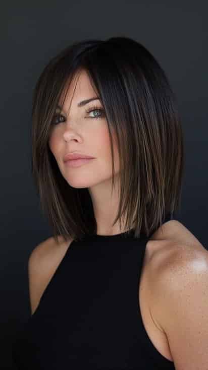 El long bob con fleco aporta frescura y definición al rostro, combinando estilo y personalidad en un look actual y favorecedor.