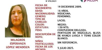 Mantienen búsqueda de joven de 16 años desaparecida en Torreón