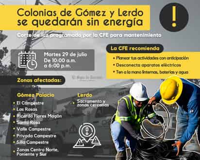 Gómez Palacio y Lerdo permanecerán sin energía eléctrica por ocho horas