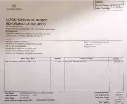 Filtran nuevo recibo de honorarios por 75 mil pesos en AHMSA