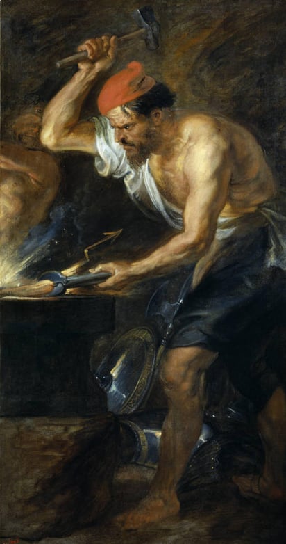 En la obra 'exiliado en el Hades, Vulcano, hijo de Júpiter y Juno, forja los rayos del dios supremo ayudado por Cíclope, el gigante de un solo ojo”. MUSEO DEL PRADO