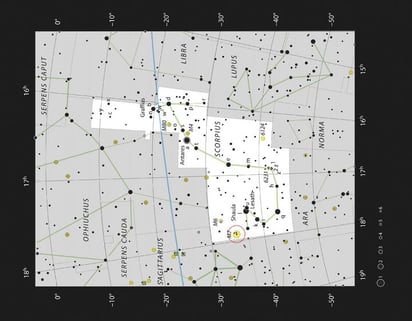  El Observatorio Europeo Austral (ESO) ha logrado una nueva imagen del cúmulo estelar Messier 7, uno de los más llamativos del cielo y situado en la cola de la constelación de Escorpio. En la imagen, mapa facilitado por la ESO de la constelación de Escorpio en el que se destacan la mayor parte de las estrellas que pueden verse a ojo en una noche oscura. (EFE)