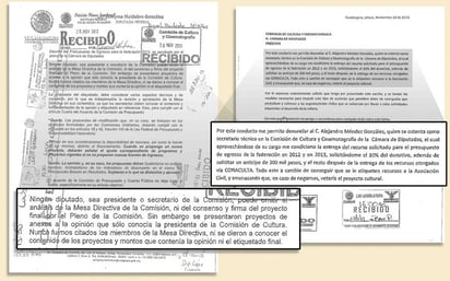 Documentos.  En la imagen, a la izquierda, la denuncia de que no se tomó en cuenta la opinión de diputados para dar recursos, y la misiva donde se denuncia la extorsión. 