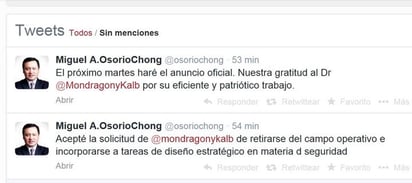 A través de su cuenta de Twitter, el secretario de Gobernación, Miguel Ángel Osorio Chong, confirmó la salida de Manuel Mondragón y Kalb como titular de la Comisión Nacional de Seguridad (CNS) y adelantó que el próximo martes 18 de marzo hará el anuncio oficial. (Foto: Especial/RCC)