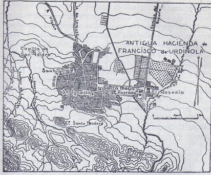 Mapa de Parras, en la que se incluye la Hacienda del Rosario, que por siglos fue propiedad de los marqueses de San Miguel de Aguayo. (Vito Alessio R. Coahuila y Texas en la Época Colonial. Editorial Cultura. 1938.
