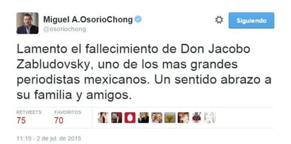 El secretario de Gobernación expresó sus condolencias en Twitter. 