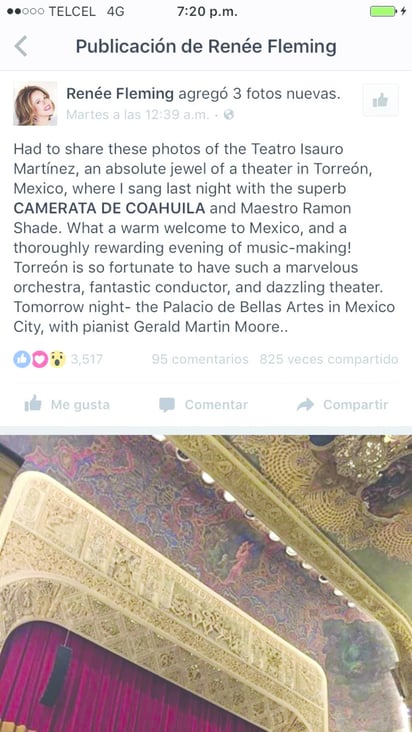 El post. El último comentario de Renée Fleming en su página de Facebook, el pasado 21 de junio, es dedicado al TIM. 